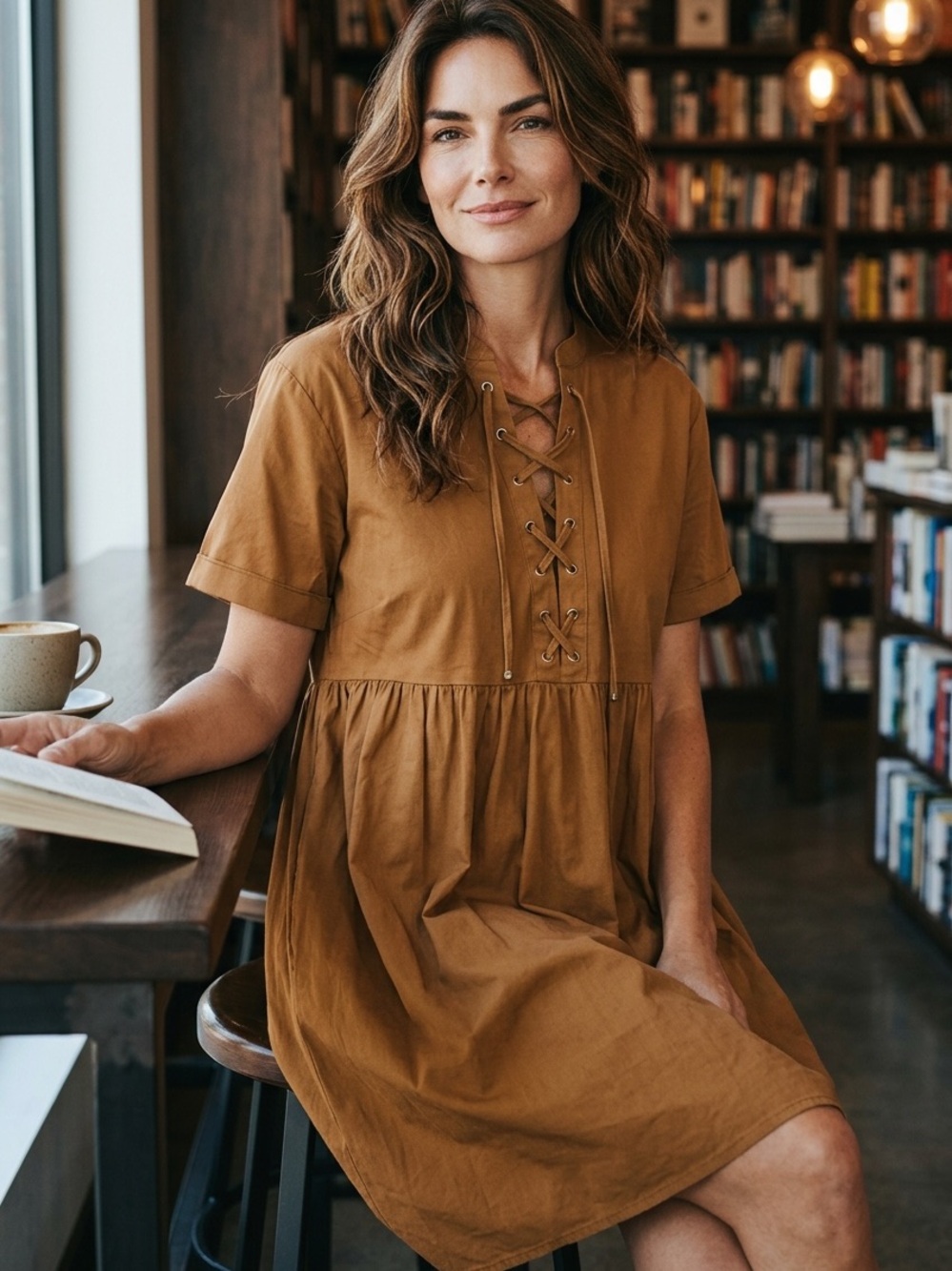 Sezane Theodore Lace-Up Baby doll Mustard Dress